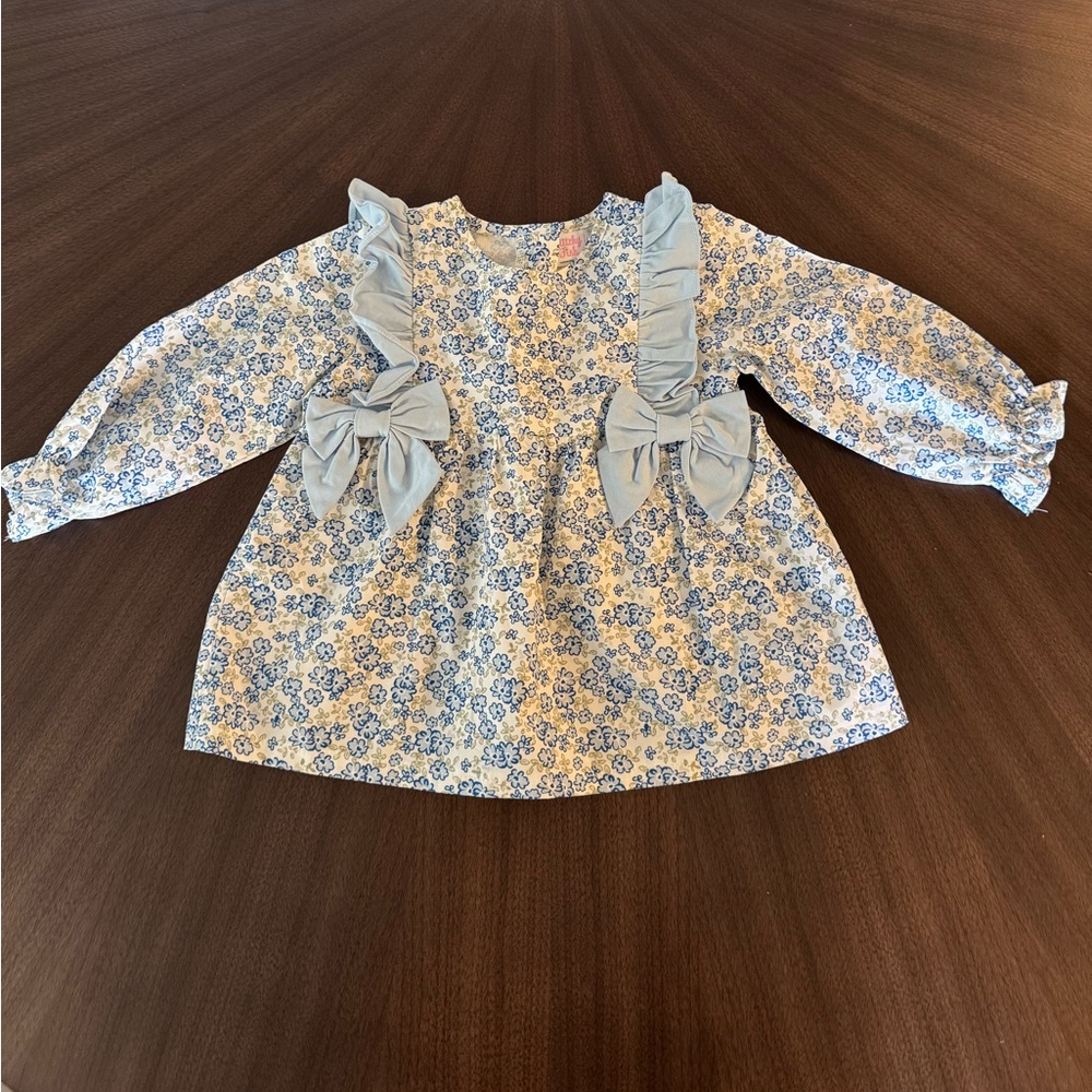 Blue and Yellow Floral Blouse with Ruffled Neckline
